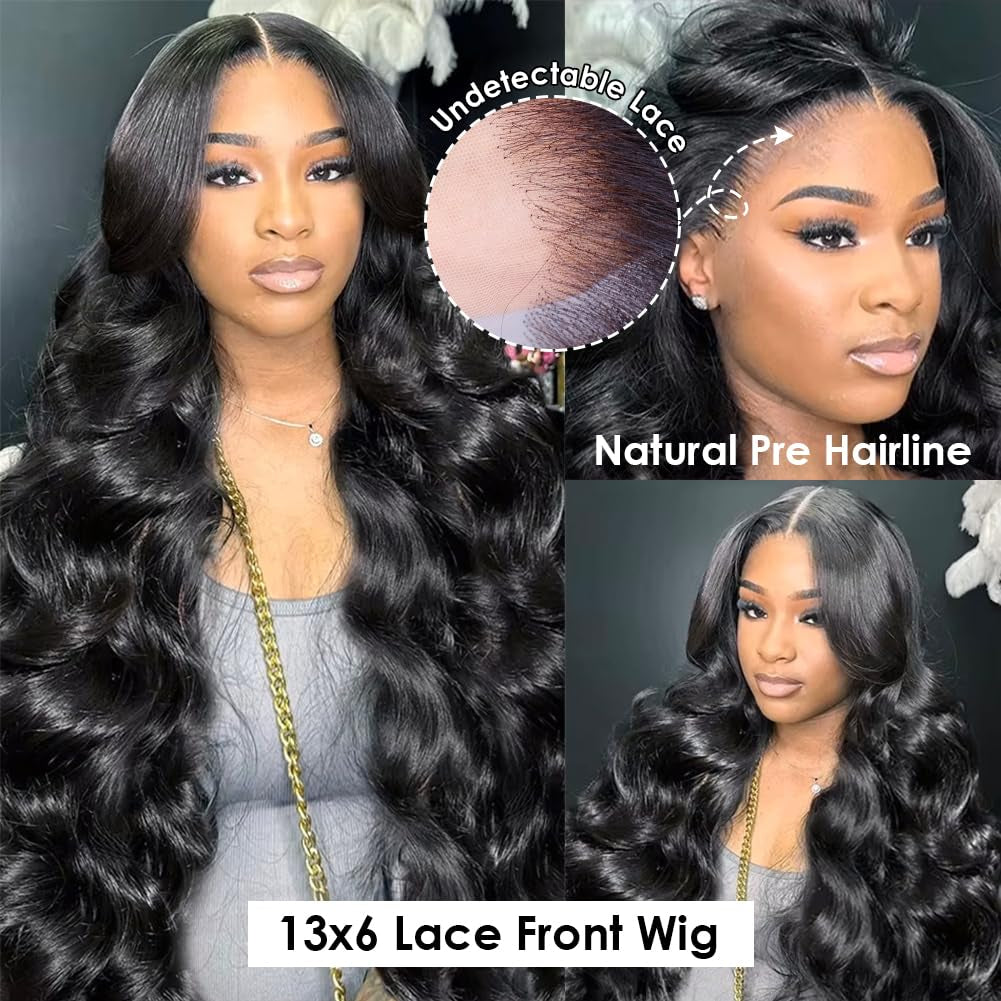 13X6 Body Wave Lace Front Wigs Human Hair Pre Plucked Pre Bleached Small Knots with Baby Hair 200 Density Glueless Human Hair Wigs for Women 28Inch HD Lace Frontal Wig with Soft