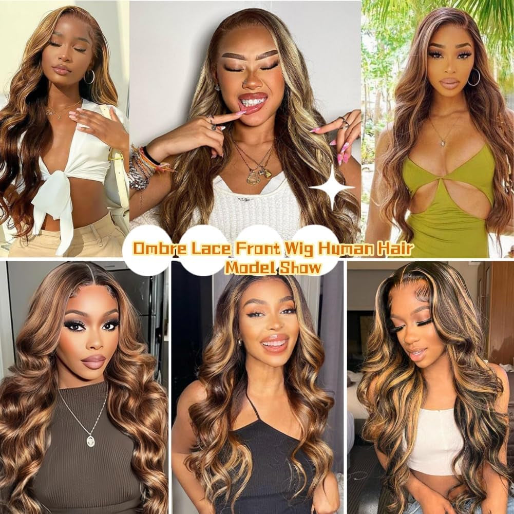 13X4 Honey Blonde Highlight Ombre Body Wave Lace Front Wigs Human Hair 20 Inch 200% Density Pre Plucked Glueless Wig for Women