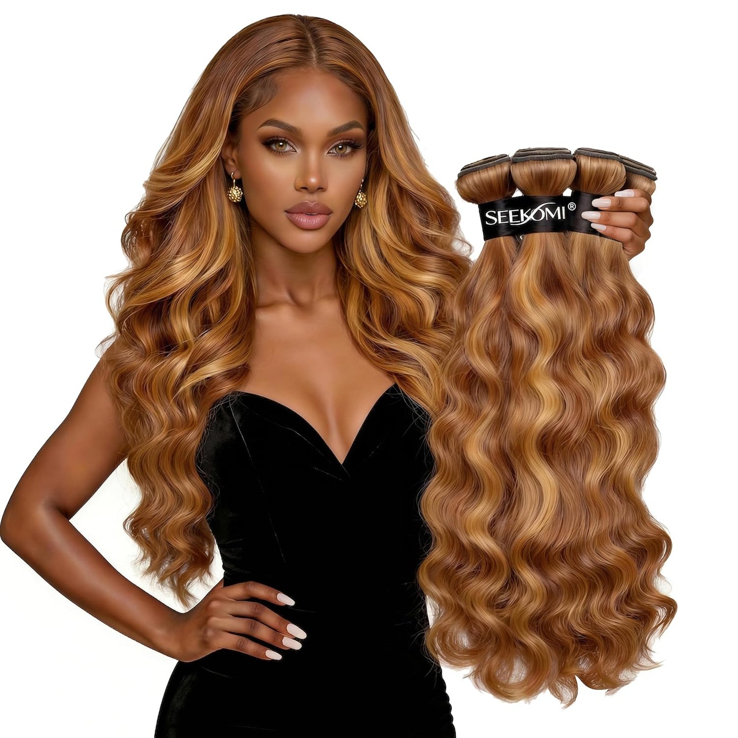 Ombre Highlight Body Wave Bundles Human Hair 22 24 26 Inch 12A 100% Virgin 4/27 Colored Brown and Blonde 3 Bundles Human Hair Double Weft Quick Weave for Women, 300G