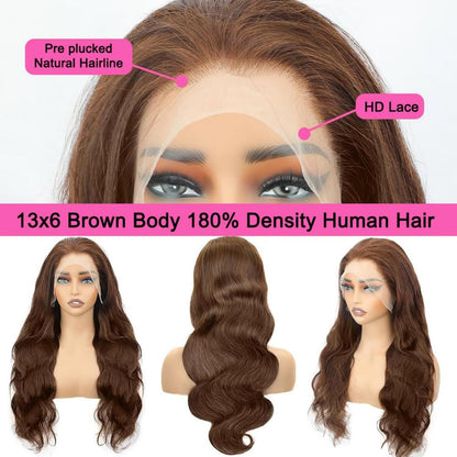 Chocolate Brown Body Wave Wig 26 Inch Brazilian Hair 13X6 Body Wave Lace Front Wig Pre Plucked Glueless Brown Human Hair Wigs for Women with Baby Hair