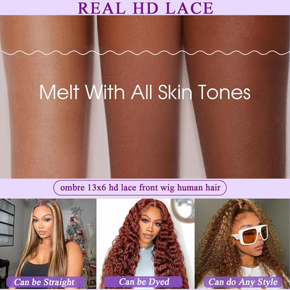 Ombre Highlight Lace Front Wig Human Hair 220 Density 13X6 HD Honey Blonde Deep Wave Lace Frontal Wigs Human Hair Beginner Friendly No Synthetic Blend No Tangle No Shedding Triple Lifespan 3X 24Inch