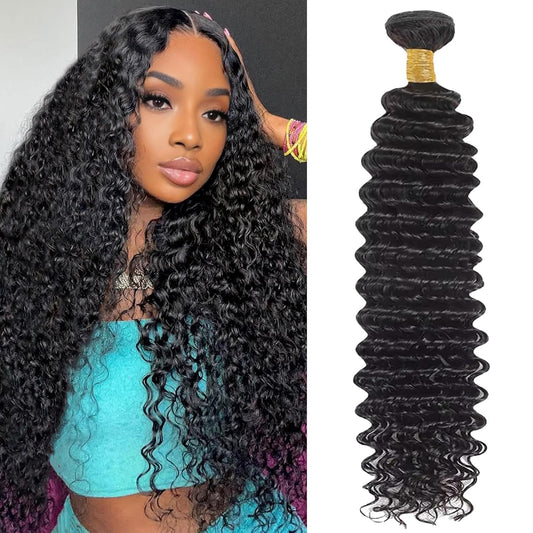 Deep Wave Human Hair Bundles, 20 Inch 13A Curly Single Bundle Human Hair, Wet and Wavy 100% Brazilian Virgin Quick Weave Deep Wave Bundles for Women (Bundles Natural Black)