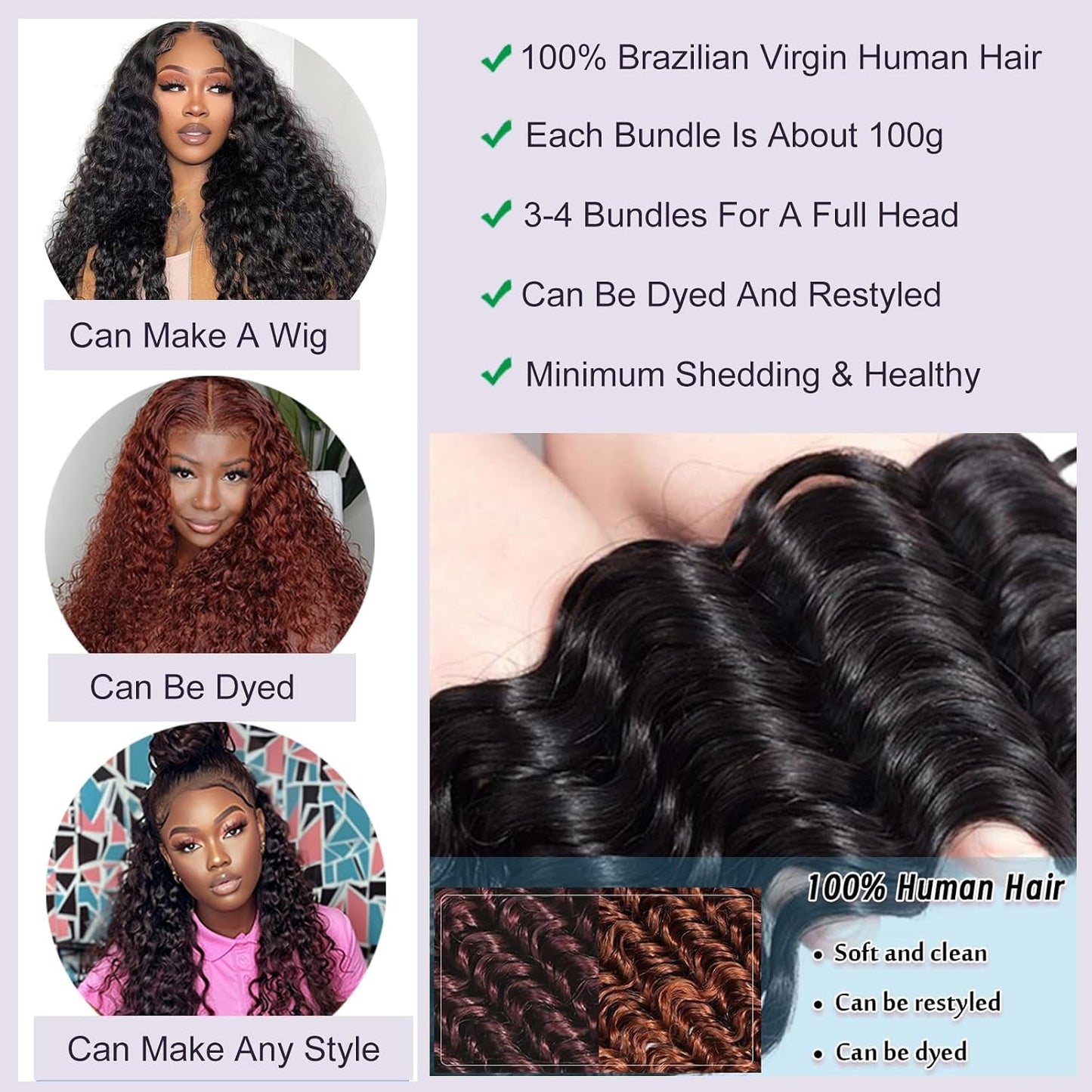 Deep Wave Human Hair Bundles, 20 Inch 13A Curly Single Bundle Human Hair, Wet and Wavy 100% Brazilian Virgin Quick Weave Deep Wave Bundles for Women (Bundles Natural Black)