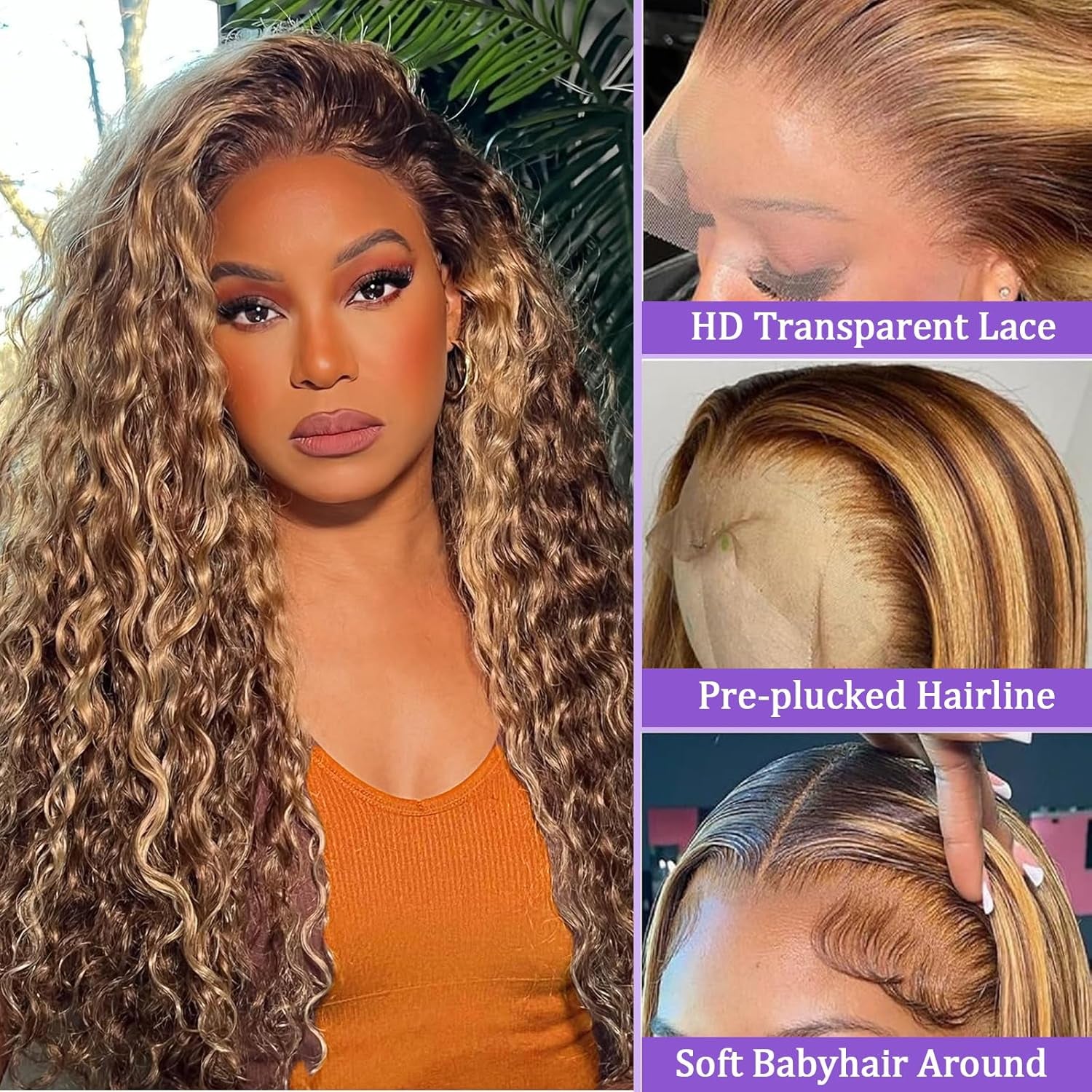 Ombre Highlight Lace Front Wig Human Hair 220 Density 13X6 HD Honey Blonde Deep Wave Lace Frontal Wigs Human Hair Beginner Friendly No Synthetic Blend No Tangle No Shedding Triple Lifespan 3X 24Inch