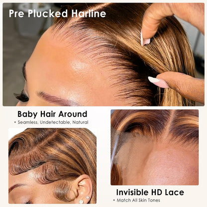 13X4 Honey Blonde Highlight Ombre Body Wave Lace Front Wigs Human Hair 20 Inch 200% Density Pre Plucked Glueless Wig for Women