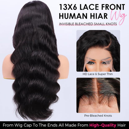 13X6 Body Wave Lace Front Wigs Human Hair Pre Plucked Pre Bleached Small Knots with Baby Hair 200 Density Glueless Human Hair Wigs for Women 28Inch HD Lace Frontal Wig with Soft