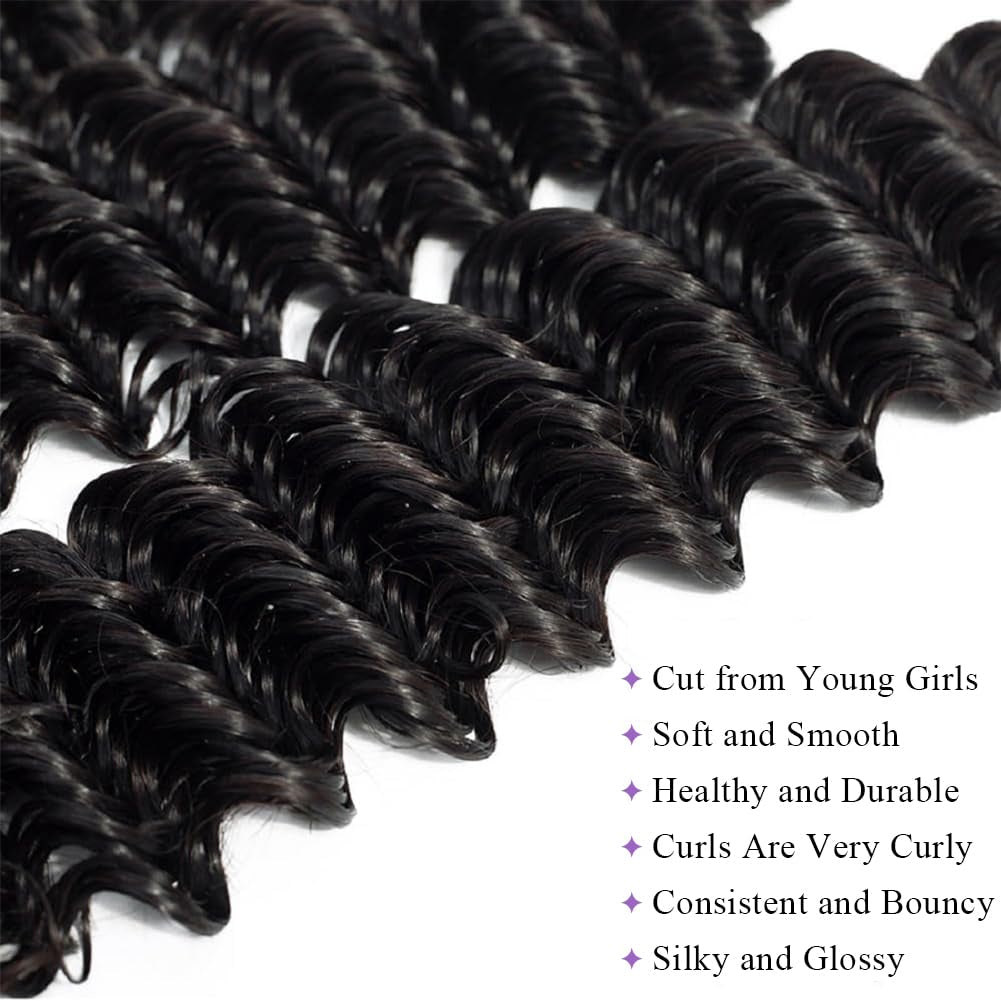 Deep Wave Bundles Human Hair 20”12A Brazilian Virgin Human Hair Single Bundle 100% Unprocessed Deep Wave Bundles Double Weft Deep Curly Weave for Black Women Natural Black Water Wave Bundle