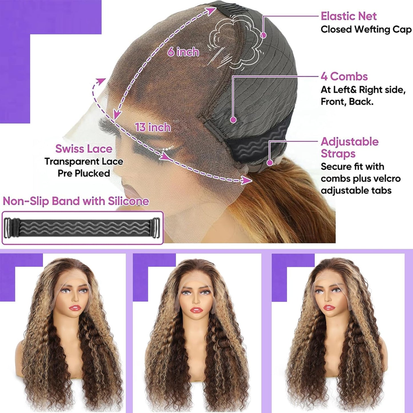 Ombre Highlight Lace Front Wig Human Hair 220 Density 13X6 HD Honey Blonde Deep Wave Lace Frontal Wigs Human Hair Beginner Friendly No Synthetic Blend No Tangle No Shedding Triple Lifespan 3X 24Inch