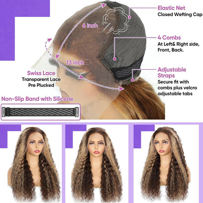 Ombre Highlight Lace Front Wig Human Hair 220 Density 13X6 HD Honey Blonde Deep Wave Lace Frontal Wigs Human Hair Beginner Friendly No Synthetic Blend No Tangle No Shedding Triple Lifespan 3X 24Inch