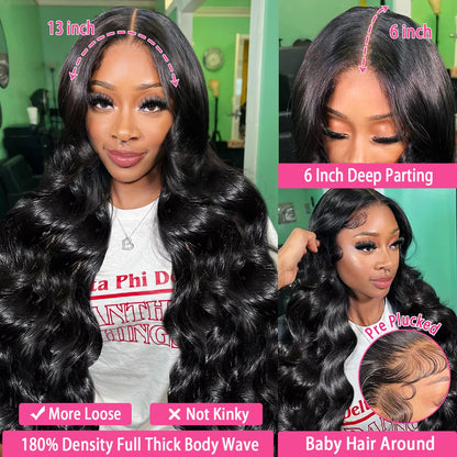 13X6 Body Wave Lace Front Wigs Human Hair Pre Plucked, 180% Density HD Transparent Glueless Lace Frontal Wigs with Baby Hair for Women, 26 Inch