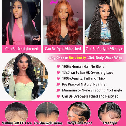 13X6 Body Wave Lace Front Wigs Human Hair Pre Plucked, 180% Density HD Transparent Glueless Lace Frontal Wigs with Baby Hair for Women, 26 Inch