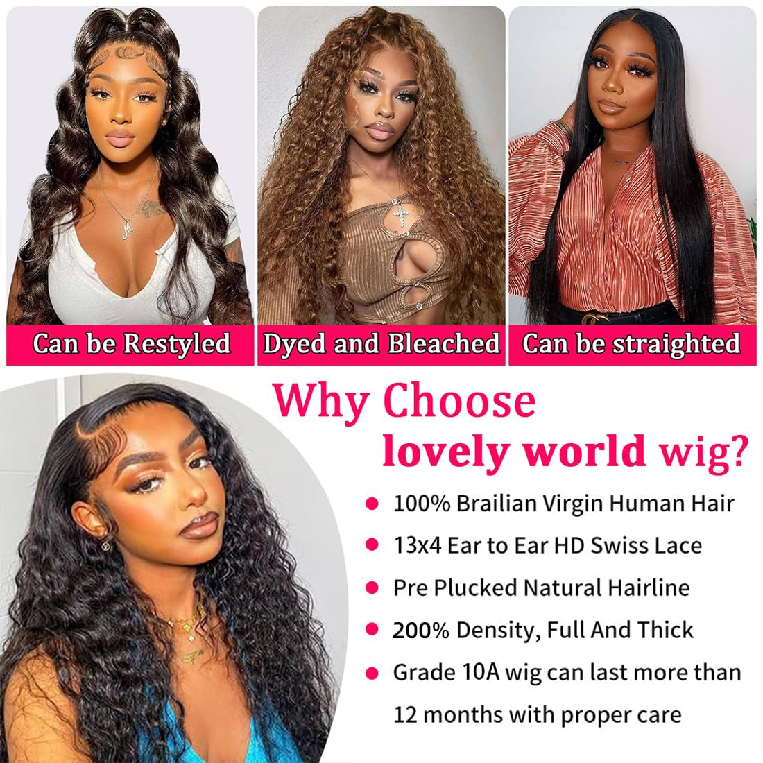 13X4 Deep Wave Lace Front Wigs - Human Hair, 30 Inch, 200 Density, HD Deep Curly Lace Front Wig