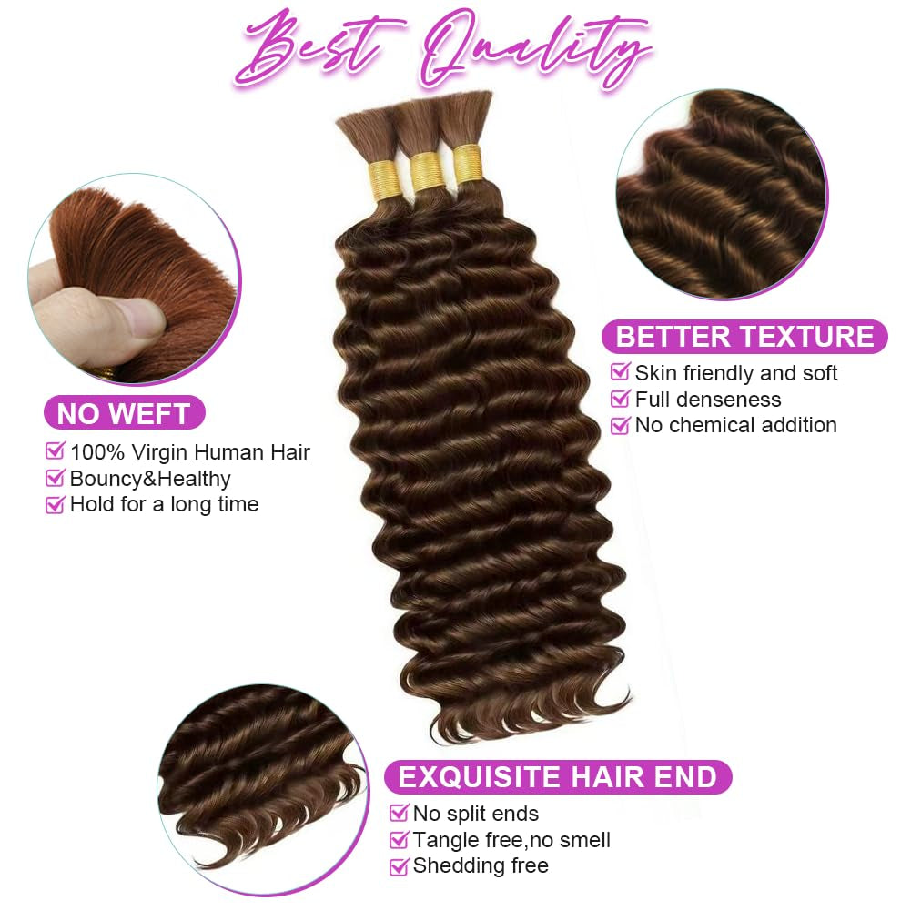 100 Percent Human Boho Braiding Hair Deep Wave Bulk Boho Hair for Braiding Curly Bundles Human Hair for Boho Braids Wet and Wavy Braiding Hair Extension No Weft (18Inch,#4 Natural Brown)