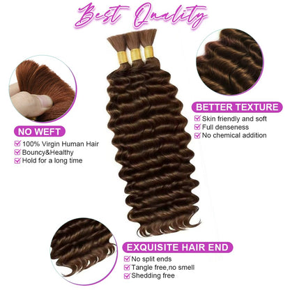 100 Percent Human Boho Braiding Hair Deep Wave Bulk Boho Hair for Braiding Curly Bundles Human Hair for Boho Braids Wet and Wavy Braiding Hair Extension No Weft (18Inch,#4 Natural Brown)