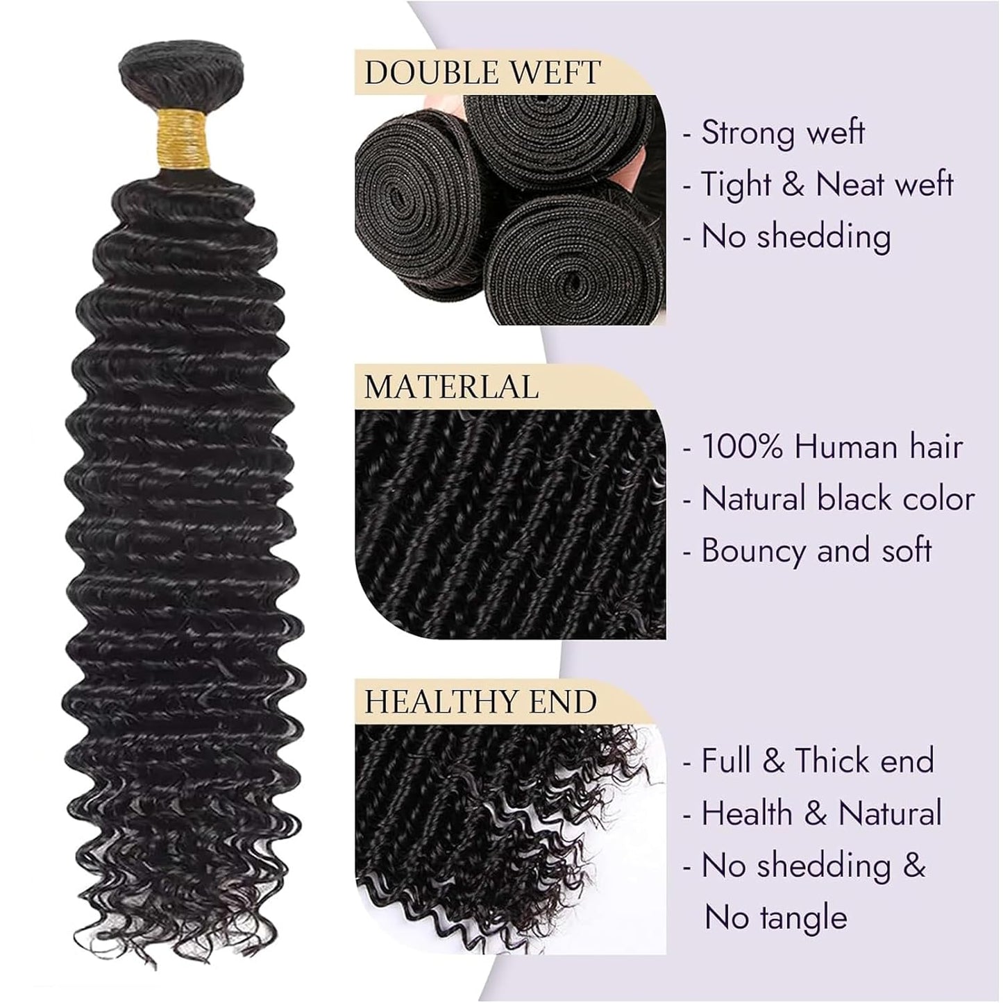 Deep Wave Human Hair Bundles, 20 Inch 13A Curly Single Bundle Human Hair, Wet and Wavy 100% Brazilian Virgin Quick Weave Deep Wave Bundles for Women (Bundles Natural Black)