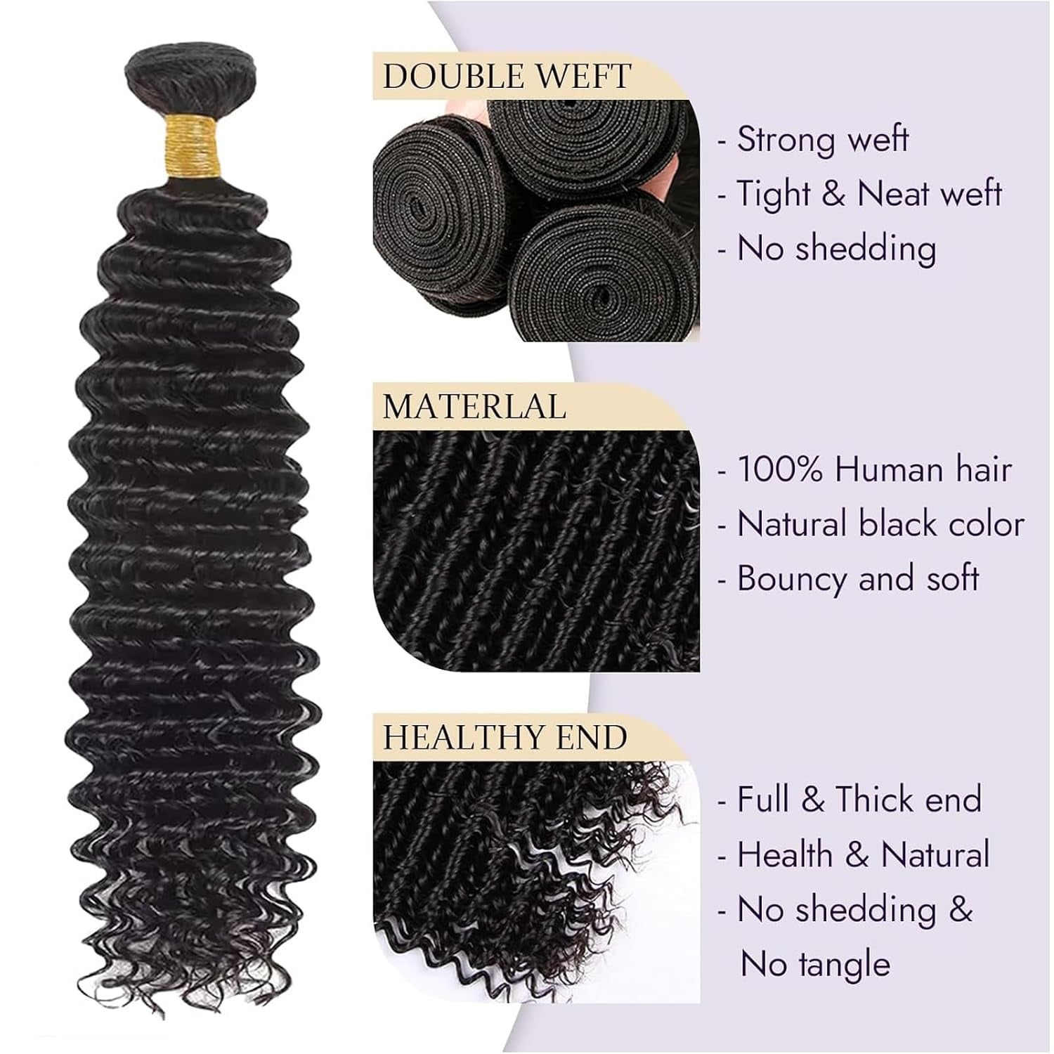 Deep Wave Human Hair Bundles, 20 Inch 13A Curly Single Bundle Human Hair, Wet and Wavy 100% Brazilian Virgin Quick Weave Deep Wave Bundles for Women (Bundles Natural Black)