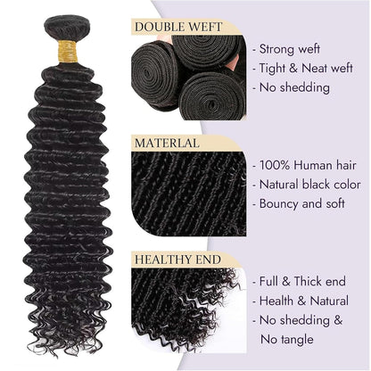 Deep Wave Human Hair Bundles, 20 Inch 13A Curly Single Bundle Human Hair, Wet and Wavy 100% Brazilian Virgin Quick Weave Deep Wave Bundles for Women (Bundles Natural Black)