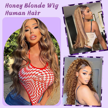 Honey Blonde Wig Human Hair Ombre 13X6 HD Lace Front Wigs Human Hair | Pre Plucked 200 Density Body Wave Highlight 12A HD Lace Frontal Wig 13X6 4/27 Colored Real Hair Wigs for Women 30 Inch