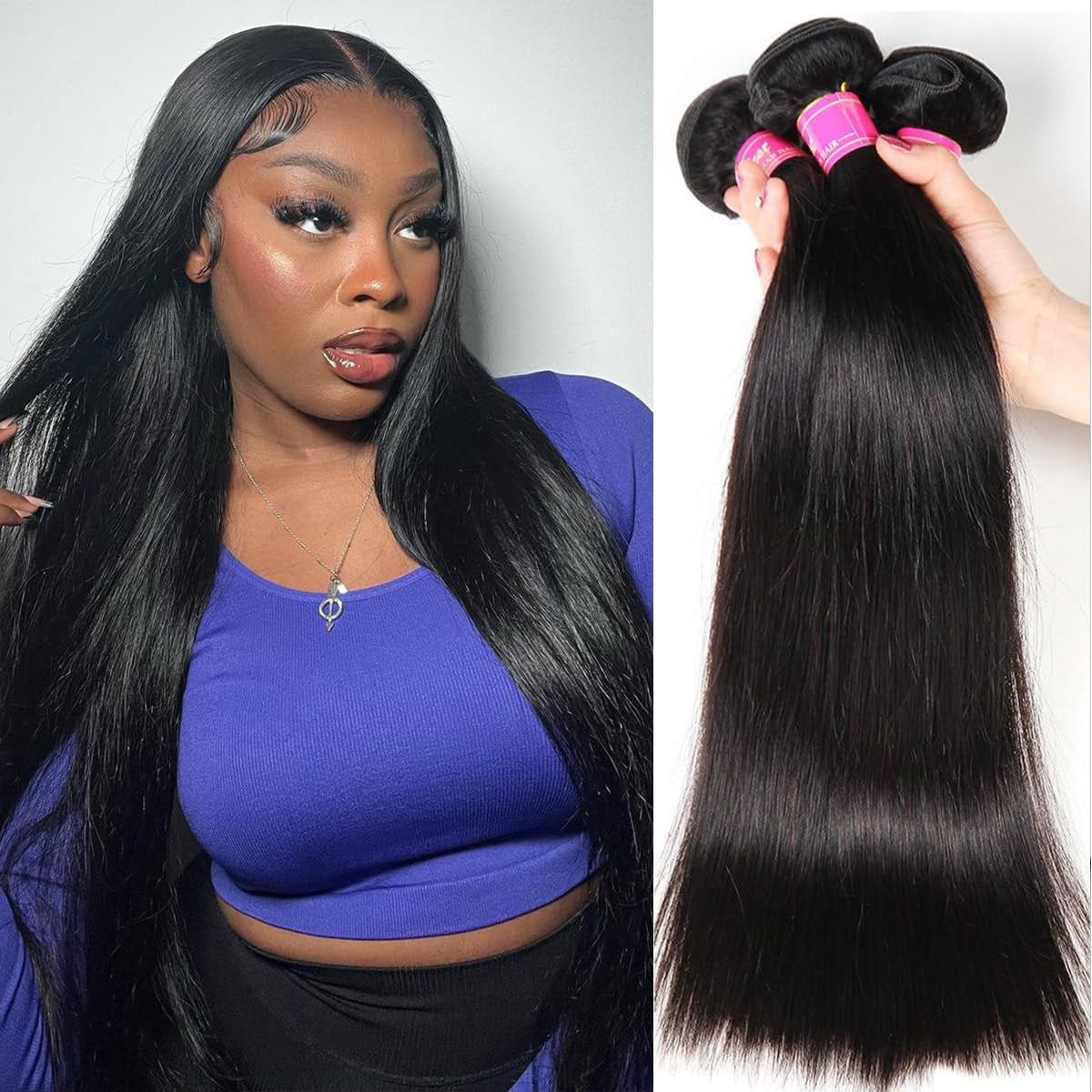 Straight Bundles Human Hair Raw Thick Straight Hair 12A 100% Unprocessed Brazilian Virgin Human Hair Bundles Hair Extension Double Weft Weave Natural Black, Keep Texture Silky Soft 12 14 16 Inch