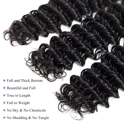 Deep Wave Bundles Human Hair 20”12A Brazilian Virgin Human Hair Single Bundle 100% Unprocessed Deep Wave Bundles Double Weft Deep Curly Weave for Black Women Natural Black Water Wave Bundle