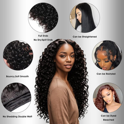 Human Hair Bundles 20 22 24 26 Inch Deep Wave Bundles Human Hair 12A 4 Bundles Human Hair 100% Unprocessed Virgin Deep Curly Human Hair Bundles Deals Real Human Hair Extensions