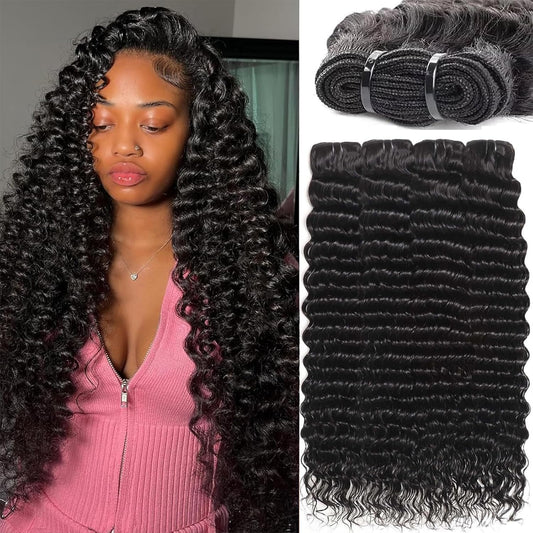 Human Hair Bundles 20 22 24 26 Inch Deep Wave Bundles Human Hair 12A 4 Bundles Human Hair 100% Unprocessed Virgin Deep Curly Human Hair Bundles Deals Real Human Hair Extensions