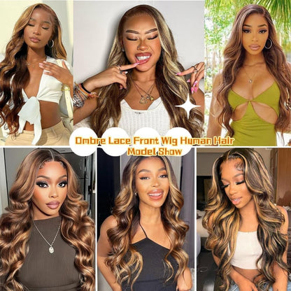 13X4 Honey Blonde Highlight Ombre Body Wave Lace Front Wigs Human Hair 20 Inch 200% Density Pre Plucked Glueless Wig for Women