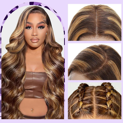 Honey Blonde Wig Human Hair Ombre 13X6 HD Lace Front Wigs Human Hair | Pre Plucked 200 Density Body Wave Highlight 12A HD Lace Frontal Wig 13X6 4/27 Colored Real Hair Wigs for Women 30 Inch