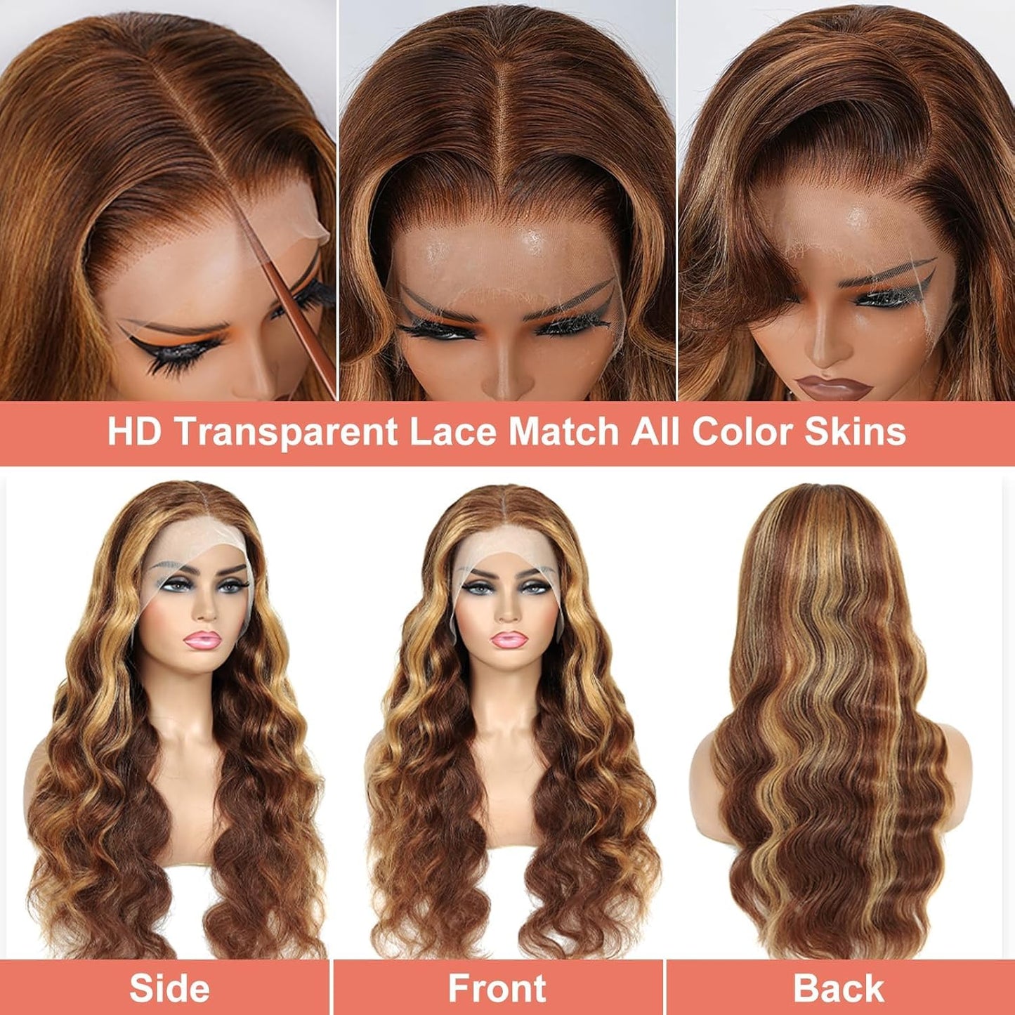 13X4 Honey Blonde Highlight Ombre Body Wave Lace Front Wigs Human Hair 20 Inch 200% Density Pre Plucked Glueless Wig for Women