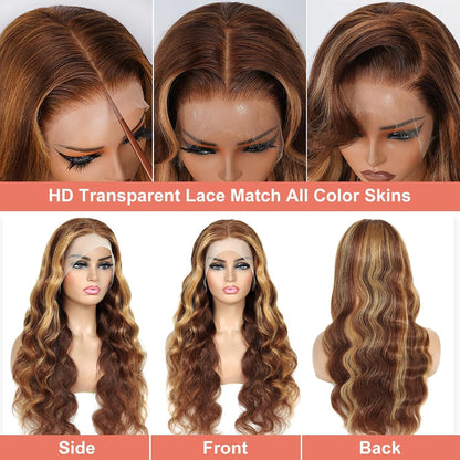 13X4 Honey Blonde Highlight Ombre Body Wave Lace Front Wigs Human Hair 20 Inch 200% Density Pre Plucked Glueless Wig for Women