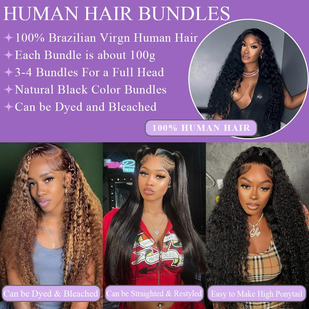 Deep Wave Bundles Human Hair 20”12A Brazilian Virgin Human Hair Single Bundle 100% Unprocessed Deep Wave Bundles Double Weft Deep Curly Weave for Black Women Natural Black Water Wave Bundle
