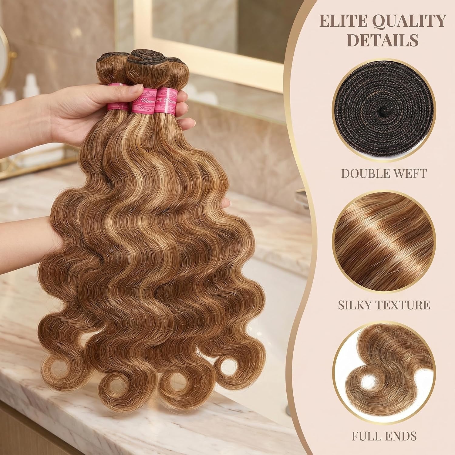 Ombre Highlight Body Wave Bundles Human Hair 22 24 26 Inch 12A 100% Virgin 4/27 Colored Brown and Blonde 3 Bundles Human Hair Double Weft Quick Weave for Women, 300G