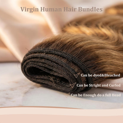 Ombre Highlight Body Wave Bundles Human Hair 22 24 26 Inch 12A 100% Virgin 4/27 Colored Brown and Blonde 3 Bundles Human Hair Double Weft Quick Weave for Women, 300G
