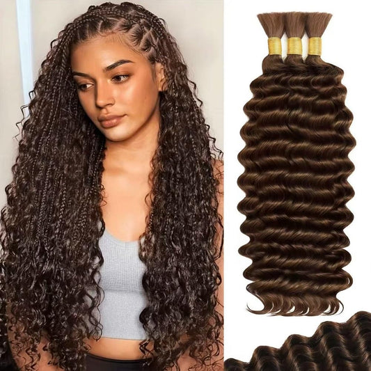 100 Percent Human Boho Braiding Hair Deep Wave Bulk Boho Hair for Braiding Curly Bundles Human Hair for Boho Braids Wet and Wavy Braiding Hair Extension No Weft (18Inch,#4 Natural Brown)