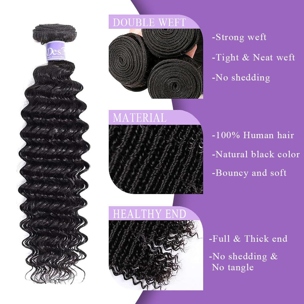 Deep Wave Bundles Human Hair 20”12A Brazilian Virgin Human Hair Single Bundle 100% Unprocessed Deep Wave Bundles Double Weft Deep Curly Weave for Black Women Natural Black Water Wave Bundle