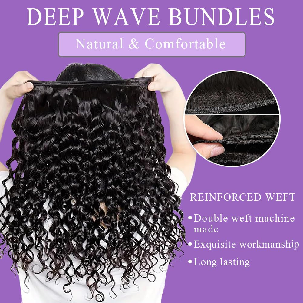 Deep Wave Bundles Human Hair 20”12A Brazilian Virgin Human Hair Single Bundle 100% Unprocessed Deep Wave Bundles Double Weft Deep Curly Weave for Black Women Natural Black Water Wave Bundle