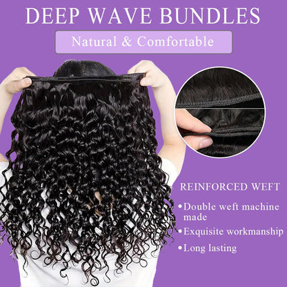 Deep Wave Bundles Human Hair 20”12A Brazilian Virgin Human Hair Single Bundle 100% Unprocessed Deep Wave Bundles Double Weft Deep Curly Weave for Black Women Natural Black Water Wave Bundle