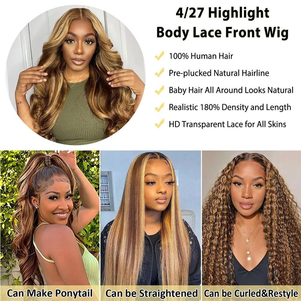 13X4 Honey Blonde Highlight Ombre Body Wave Lace Front Wigs Human Hair 20 Inch 200% Density Pre Plucked Glueless Wig for Women