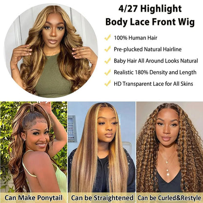13X4 Honey Blonde Highlight Ombre Body Wave Lace Front Wigs Human Hair 20 Inch 200% Density Pre Plucked Glueless Wig for Women