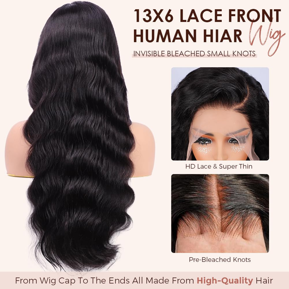 30Inch 13X6 HD Lace Front Wigs Human Hair Pre Plucked Pre Bleached 200 Density Body Wave Human Hair Wigs for Women