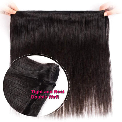 Straight Bundles Human Hair Raw Thick Straight Hair 12A 100% Unprocessed Brazilian Virgin Human Hair Bundles Hair Extension Double Weft Weave Natural Black, Keep Texture Silky Soft 12 14 16 Inch