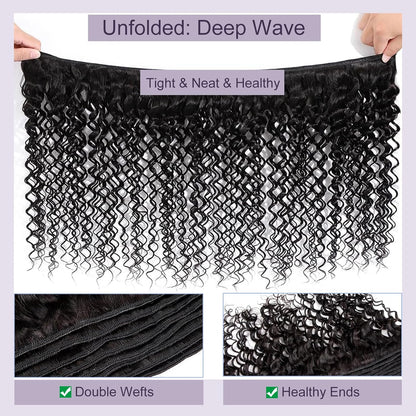 Deep Wave Human Hair Bundles, 20 Inch 13A Curly Single Bundle Human Hair, Wet and Wavy 100% Brazilian Virgin Quick Weave Deep Wave Bundles for Women (Bundles Natural Black)