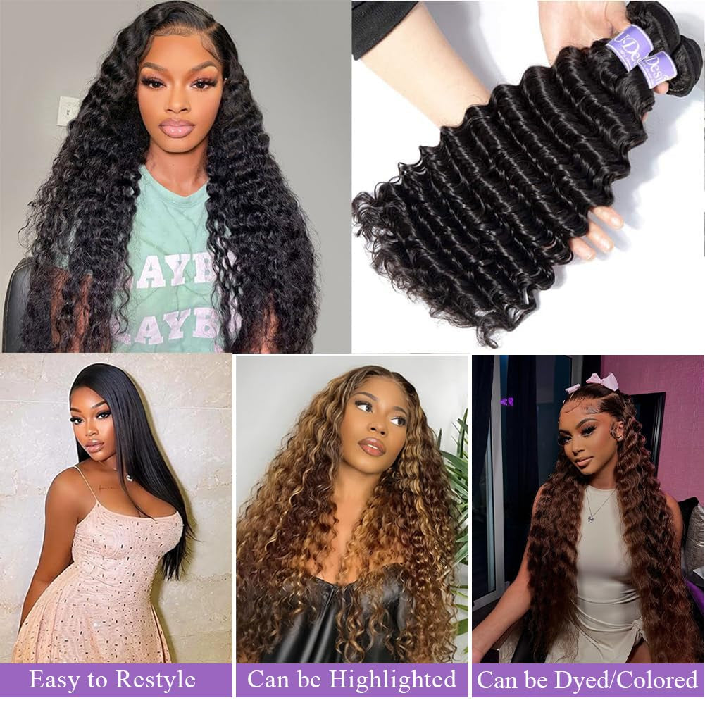 Deep Wave Bundles Human Hair 20”12A Brazilian Virgin Human Hair Single Bundle 100% Unprocessed Deep Wave Bundles Double Weft Deep Curly Weave for Black Women Natural Black Water Wave Bundle