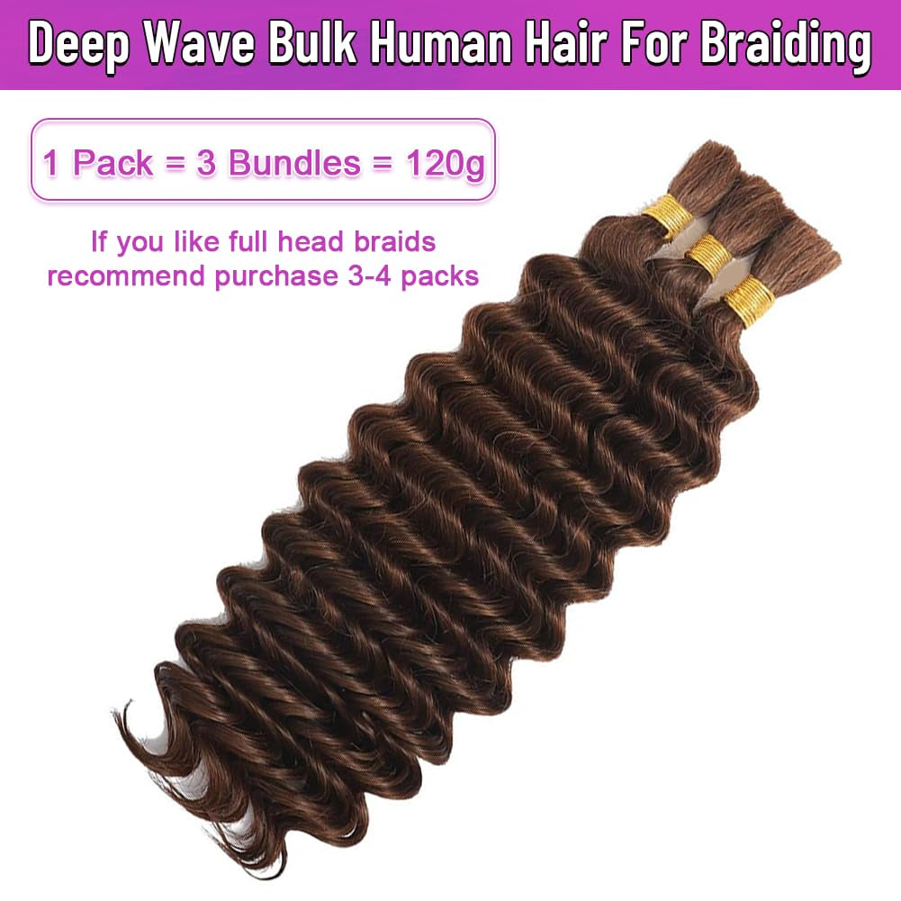 100 Percent Human Boho Braiding Hair Deep Wave Bulk Boho Hair for Braiding Curly Bundles Human Hair for Boho Braids Wet and Wavy Braiding Hair Extension No Weft (18Inch,#4 Natural Brown)
