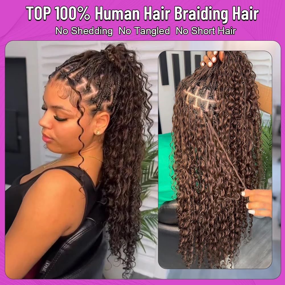 100 Percent Human Boho Braiding Hair Deep Wave Bulk Boho Hair for Braiding Curly Bundles Human Hair for Boho Braids Wet and Wavy Braiding Hair Extension No Weft (18Inch,#4 Natural Brown)